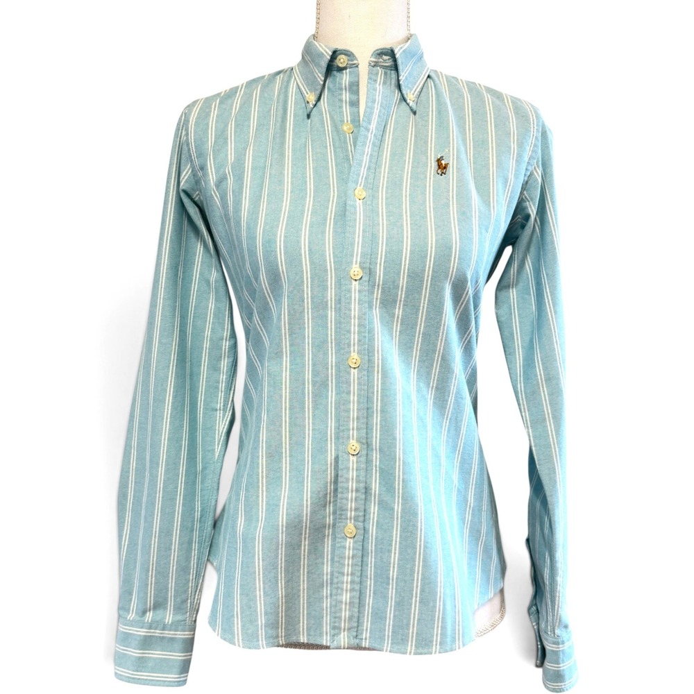 Ralph Lauren Womens 4 Button Down Shirt Blue White Stripe Cotton Oxford Pony